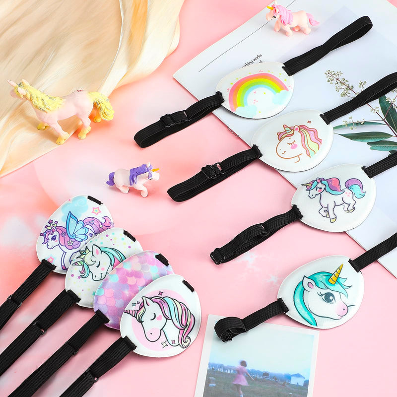 Eurzom 8 Pcs Eye Patches for Kids Adjustable Single Eye Patch Reusable Cute Girls Boys Eye Patch with Elastic Strap for Lazy Eye Either Eye Left or Right Eyepatch, Various Patterns (Unicorn Style) Unicorn Style