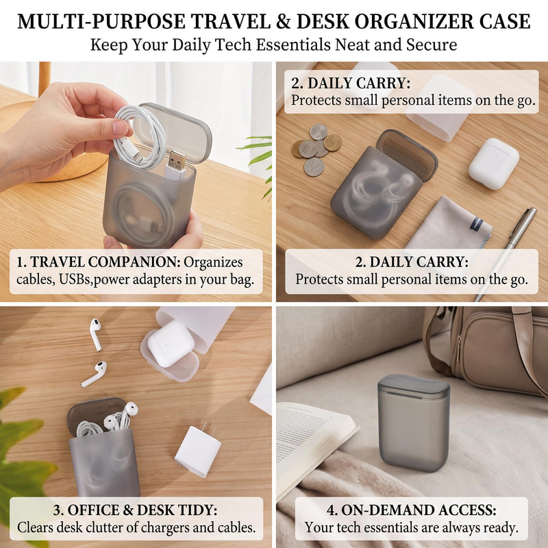 1Pcs Portable Cable Organizer Box, Translucent Case for Earbuds Chargers | Compact size, translucent grey finish, Holds chargers, earbuds, USB cables, Perfect for travel bags