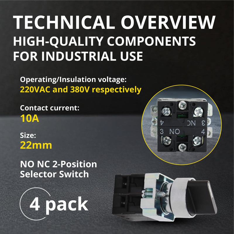 [AUSTRALIA] - Rotary Switch - 2-Position Selector Switch Maintained - 22mm Mounting Hole - Electric NO NC Latching - 220VAC Voltage and 10A Contact Current - (4 Pack) 4 Pack NO/NC 