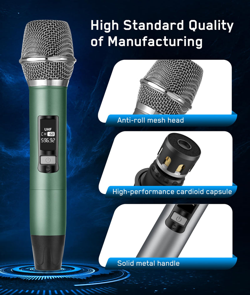 [AUSTRALIA] - Rechargeable Wireless Microphone, Two Metal UHF Microphones with 1/4" Receiver, Plug-and-Play for Karaoke Singsing, Lecture, Stage Performance, PA System (Green - One Mic) Green - One Mic 