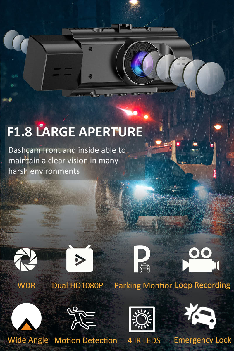 Dual Dash Cam Front and Inside with 64GB Card, FHD 1080P Dash Camera for Cars Dashcams for Cars with Infrared Night Vision Car Camera 24H Park Monitor Motion Detection G-Sensor for Taxi Uber