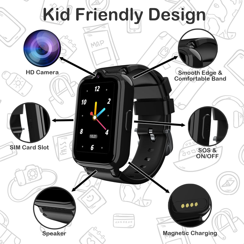 Citfis 4G Kids Smart Watch Boys with GPS Tracker, Kids Cell Phone Watch with Video & Voice Calling Texting Alarm SOS Calculator Pedometer Camera School Mode Math Game(Black) Black