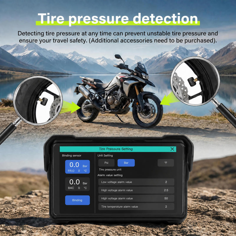 Rimoody 7-Inch Motorcycle Carplay Screen with Wireless Carplay Android Auto for Car, Bluetooth, Supports GPS Navigation, IP68 Waterproof, Detachable Mount, Tire Pressure Monitor, Voice Control 7 Inch Tire Pressure Detection