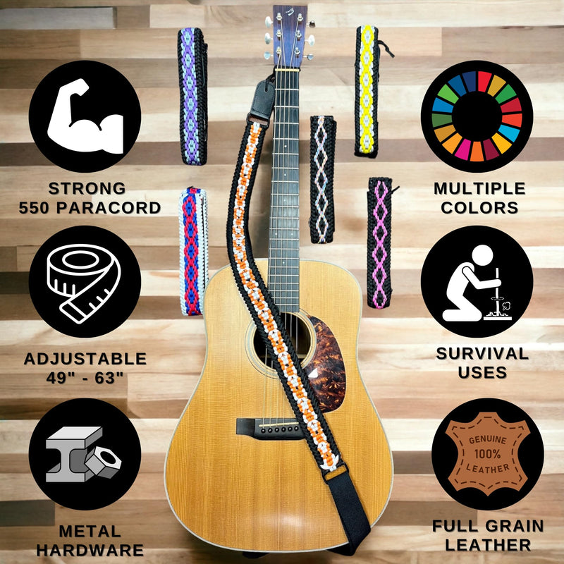 [AUSTRALIA] - Ten Point Gear® 550 Paracord Guitar Strap - Full Grain Leather Ends for Music Playing Comfort, Stability, and Durability. Purple Rain 