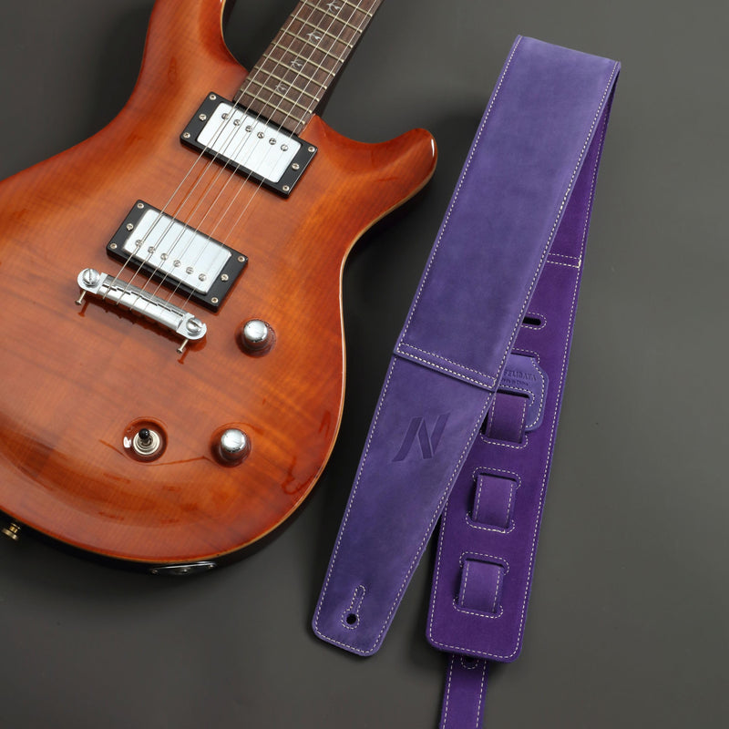 Nefelibata 3" Guitar Strap in First Layer Leather with Foam Padding and Cable Storage Loops for Bass, Electric and Acoustic Guitars (Lavender Purple) Lavender Purple