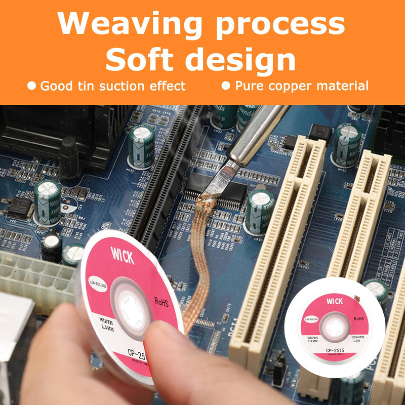 Pack of 2 Desoldering Braids with Flux, No Clean Desoldering Braid Made of Pure Copper, Premium Desoldering Wire for PCB Repairs, 2.5 mm Width, 1.5 m Length