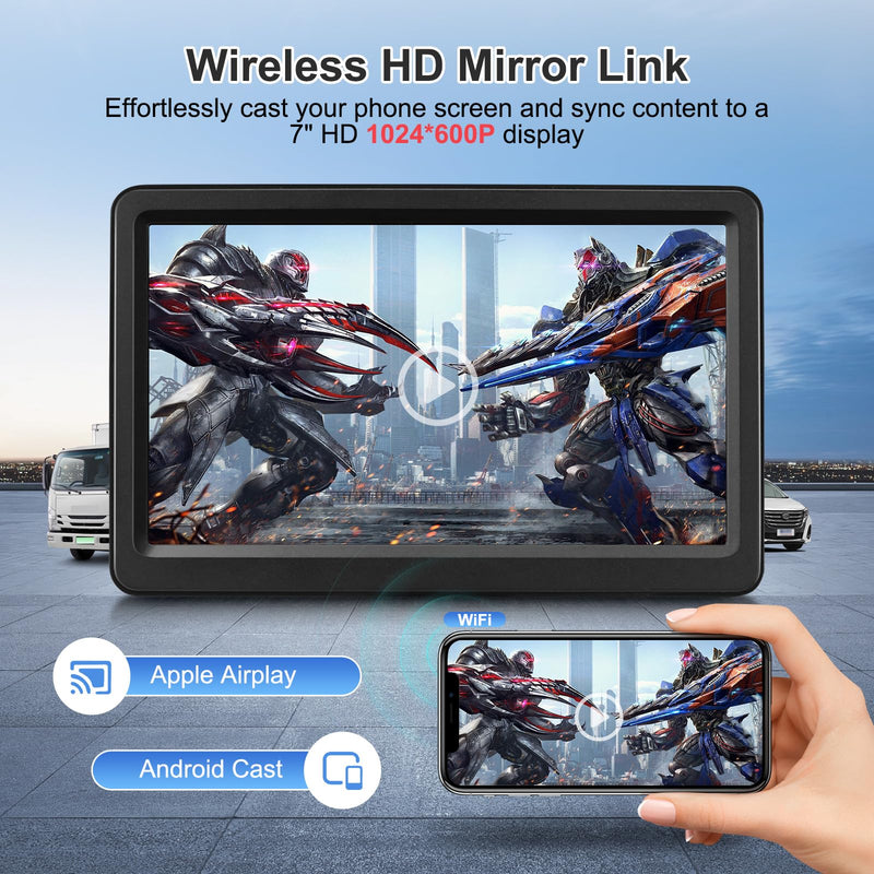 Carplay Screen for Car, 7" Wireless Carplay & Android Auto, Portable HD Touchscreen with Mirror Link, GPS Navigation, Voice Control, Hands-Free Calling, Bluetooth/AUX/FM, Plug & Play Car Play Screen Black