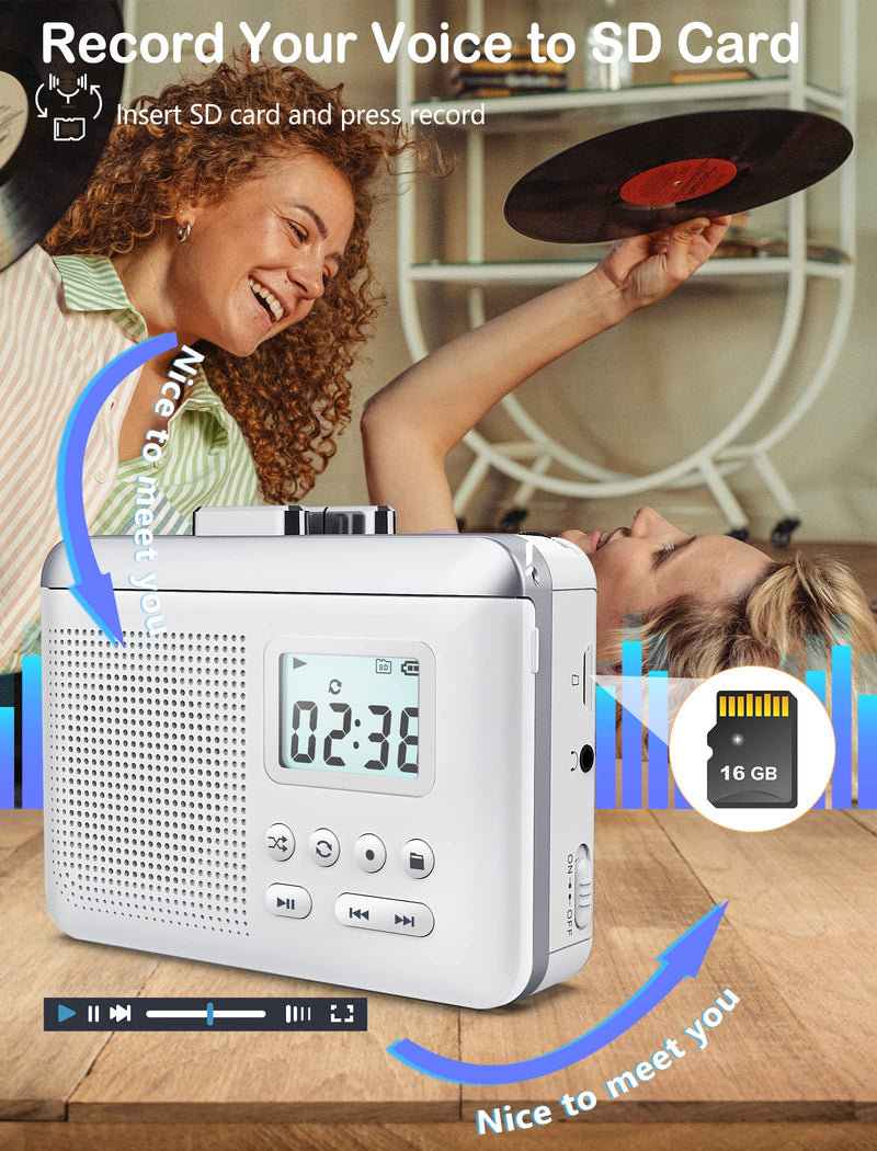 Portable Cassette Player Recorder Converter,Cassette to MP3 via SD Card, Walkman Cassette Tape Player with 1000mah Rechargeable Battery,Built-in Microphone&Speaker,Headphone Jack,16GB SD Card