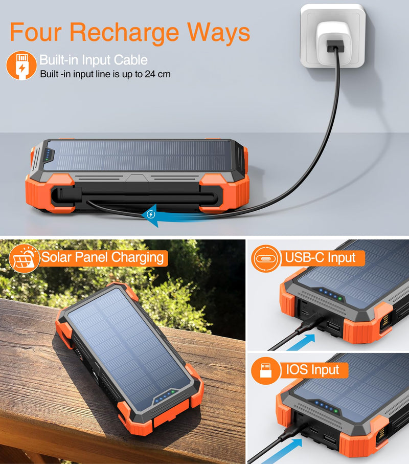 GOODaaa Power Bank Portable Charger 42800mAh Built in 4 Cables and Thermometer 15W Fast Charging Power Bank Five Outputs Three Inputs Solar Charger Power Bank, SOS/Strobe/Strong Flashlights, Carabiner Orange