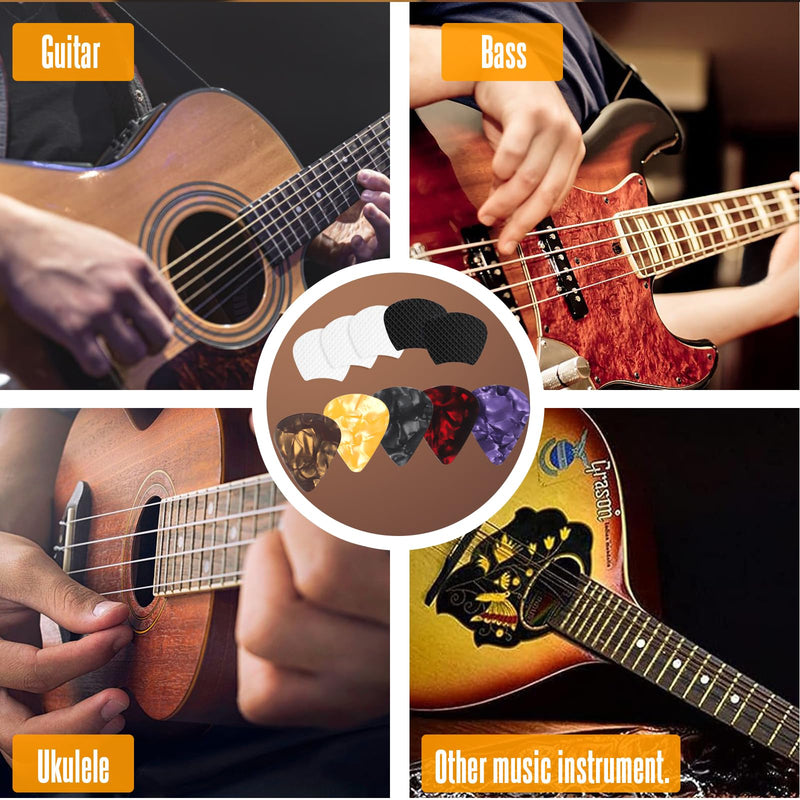 60pcs Guitar Picks Grips, Anti slip Silicone Soft Grips with 10 Guitar Picks, Two Different Thicknesses Guitar Picks, Self-Adhesive Guitar Pick Holder Black