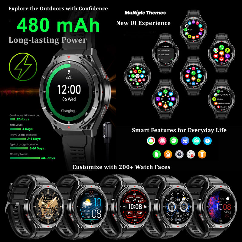 Military GPS Smart Watch: 1.43” AMOLED Always On Display, Built-In GPS, Compass, Altimeter, Barometer, Fitness/Path Tracker, BT Call, 150+ Sports, IP69K, Voice Assist, Long Battery Life, Android/iOS