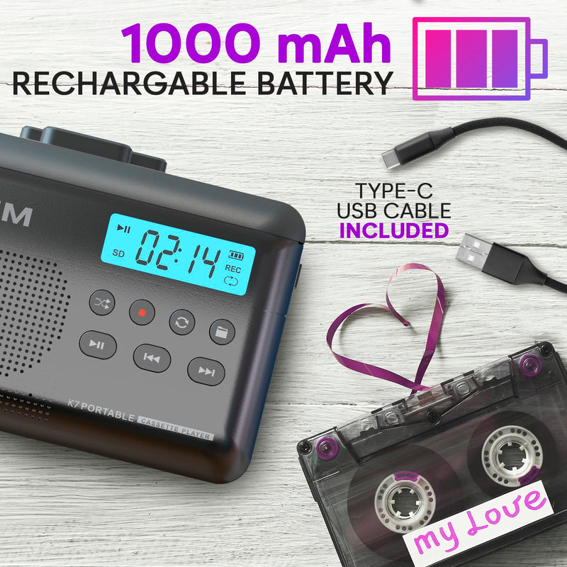 [AUSTRALIA] - KLIM K7 Cassette Tape Player - Cassette to MP3 Converter - Portable - Built-in Microphone & Speaker - Rechargeable Battery - Earphones - 16GB SD Card - Ash 