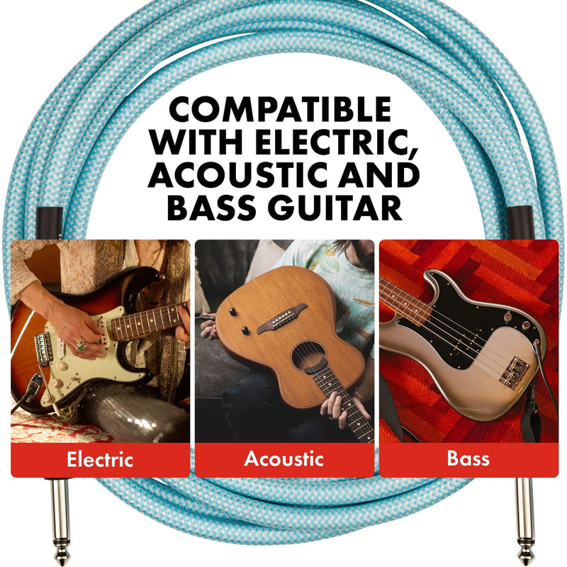 Fender Professional Series Tweed Instrument Cable, Guitar Cable, Stocking Stuffers, Guitar Accessories with 1-Year Warranty, Straight/Straight, Anti-Kinking Design, Daphne Blue, 18.6ft