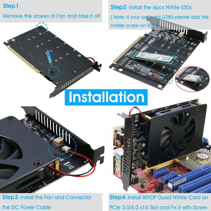 [AUSTRALIA] - Quad NVMe PCIe Adapter, RIITOP 4 Ports M.2 NVMe SSD to PCI-e 4.0/3.0 x16 Card with Fan Support 2280/2260/2242/2230 NVMe SSD (PCI-e Bifurcation Required) 4-Port 