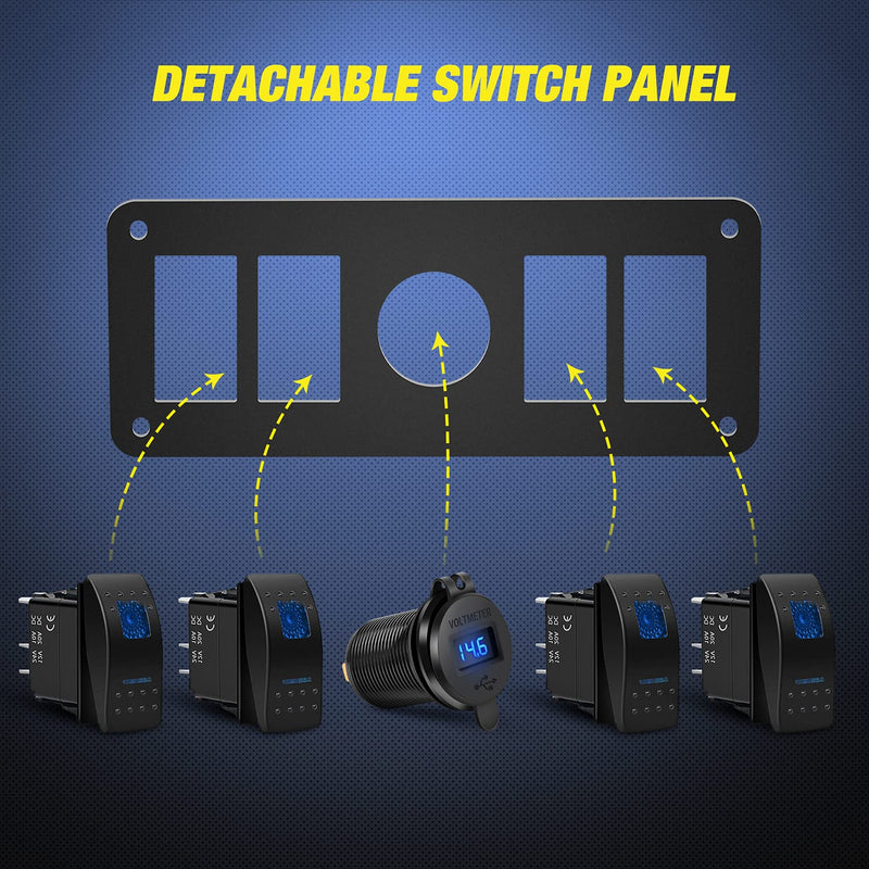 [AUSTRALIA] - Nilight 4 Gang Rocker Switch Panel with QC3.0 Dual USB Charger Voltmeter Waterproof and Night Glow Stickers 12V-24V DC for Cars Trucks Boats RV Blue 4+1 Gang Dual USB 