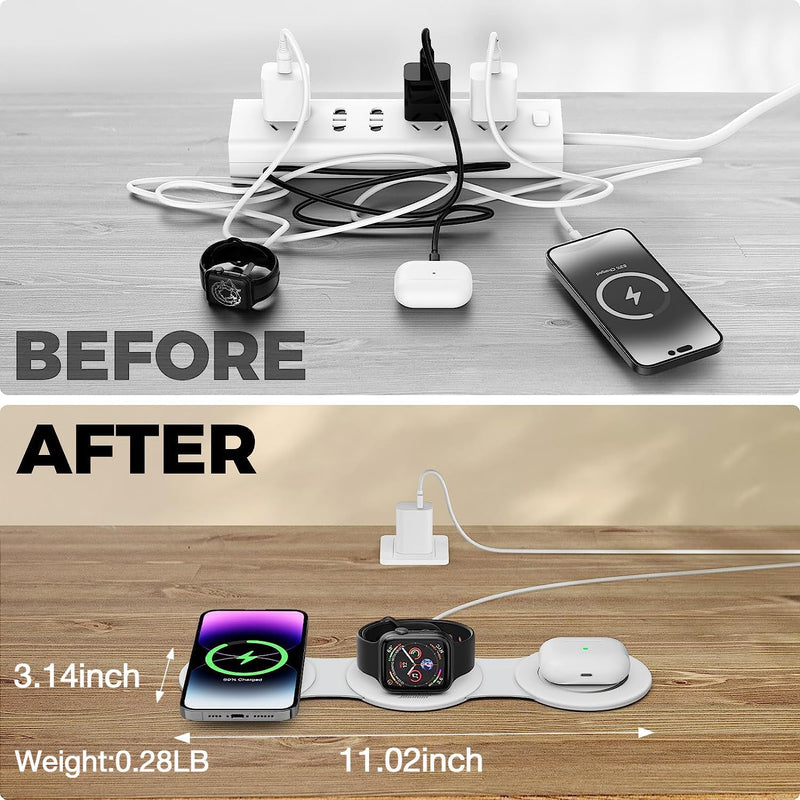 [AUSTRALIA] - Hicober 3 in 1 Wireless Charging Station for iPhone 15, Magnetic Foldable Travel Charger Station Stand 18W for iPhone 16 15 14 13 12 Pro/Max/Plus/Apple Watch All Series & Airpods White 
