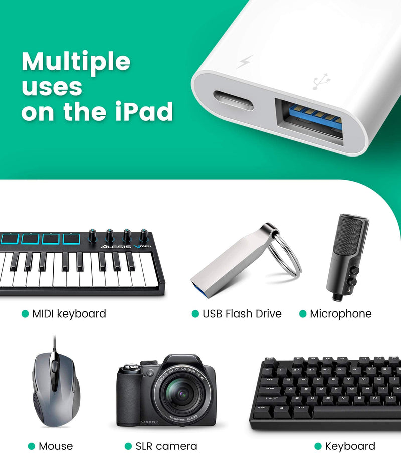 USB Adapter for iPhone/iPad,Fubiaofei LᎥghtnᎥng to USB Female OTG Adpater,USB3 to iPad Adapter with Charging Port,Supports FlashDrives,MIDI,SD Card Reader and Mouse,Plug&Play