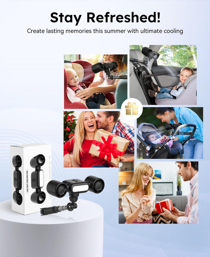 foryou Car Fans Seat Cooling Fan USB Fan 3 Wind Speeds with Night Light Portable Fans for Car Backseat for Kids Black