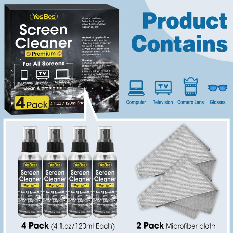 [AUSTRALIA] - Screen Cleaner Spray 16oz (4oz x 4 Pack) - TV Screen Cleaner Spray and 2 Microfiber Cloths, Computer Screen Cleaner & Car Screen Cleaner for TV, Monitor, Laptop, MacBook, iPad and Electronic Devices 