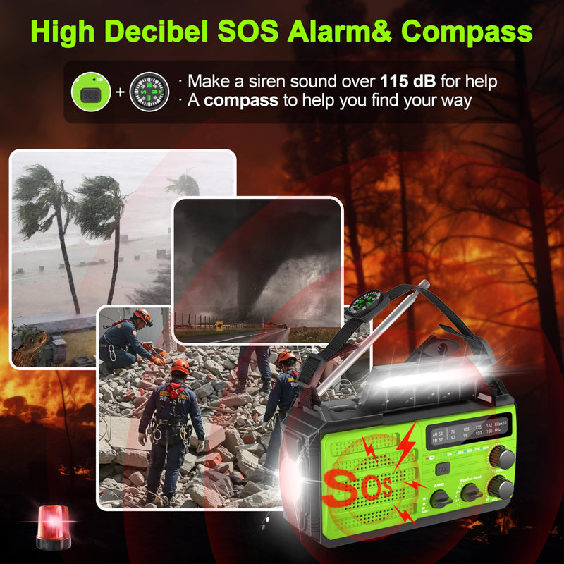 Emergency Radio with Solar & Hand Crank Radio 22200mWh (6000mAh) NOAA Emergency Weather Radio Alert, SOS Alarm, AM/FM, Hand Crank Flashlight, Compass for Tornado, Winter Storm, and Survival Kits Green