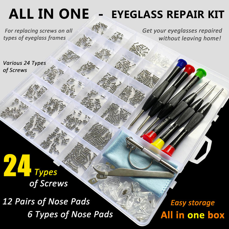Eyeglass Repair Kit, 24 Types Screws for Eyeglass, Wide Range of Frame Screws, Hinge Screws, Nose Pads Screws - Essential Eye Glasses Repairing Kit Tool