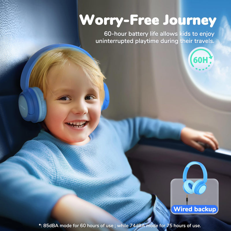iClever BTH22 Kids Bluetooth Headphones, 60H Play Time, 74/85 dBA Safe Volume, Bluetooth 5.4, USB C, Over Ear Kids Headphones Wireless with Mic AUX Cord for iPad/Tablet/Travel/School, Blue