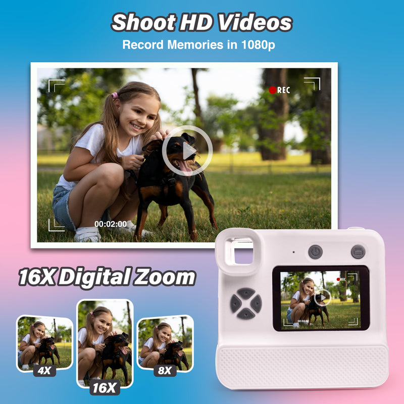 GabbaGoods Instant Print Kids Camera For 3 4 5 6 7 8 9 Year Old Kids With 32GB SD Card, Instant Thermal Print Feature Best For Gift On Christmas/Birthday/Holiday | Toddler Camera | Kids Digital Camera White
