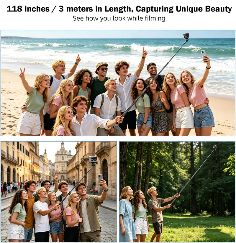 Selfie Stick for Insta360, 18-118"/9.8ft/3m Extended Invisible Selfie Pole | Lightweight, Carbon Fiber, for Insta360 X5 X4 X3 ONE X2 ONE R X ONE GO 3S 3 2, DJI Osmo 360, Action 6 5 4 3 2, Hero 13/12/11