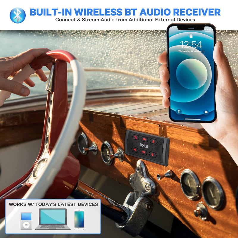 Pyle PLMRBTSQ1 Bluetooth Car Radio, Waterproof Marine Receiver, USB & AUX Inputs, IPX6 Rated, Universal Mounting, Includes 3.5mm Cable, Wireless Range 30ft