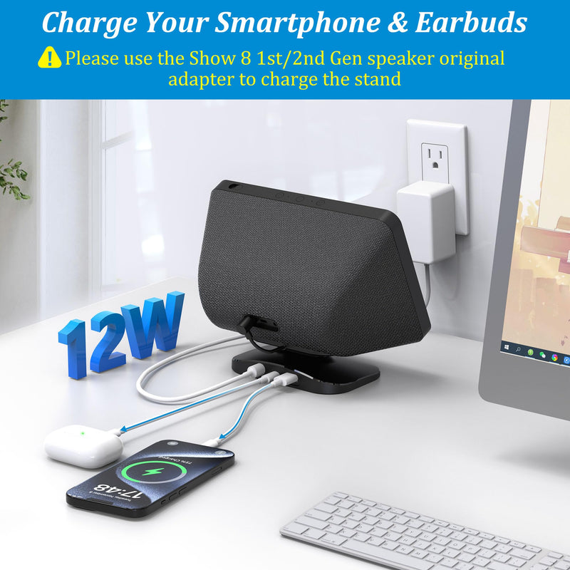 PlusAcc Charging Stand for Show 8 (1st Gen & 2nd Gen) - Adjustable Table Holder with 2 Charging Ports (USB-C & USB-A), Tilt Magnetic Base for Charge Cellphones and Earbuds, Non-Slip Base (Black)