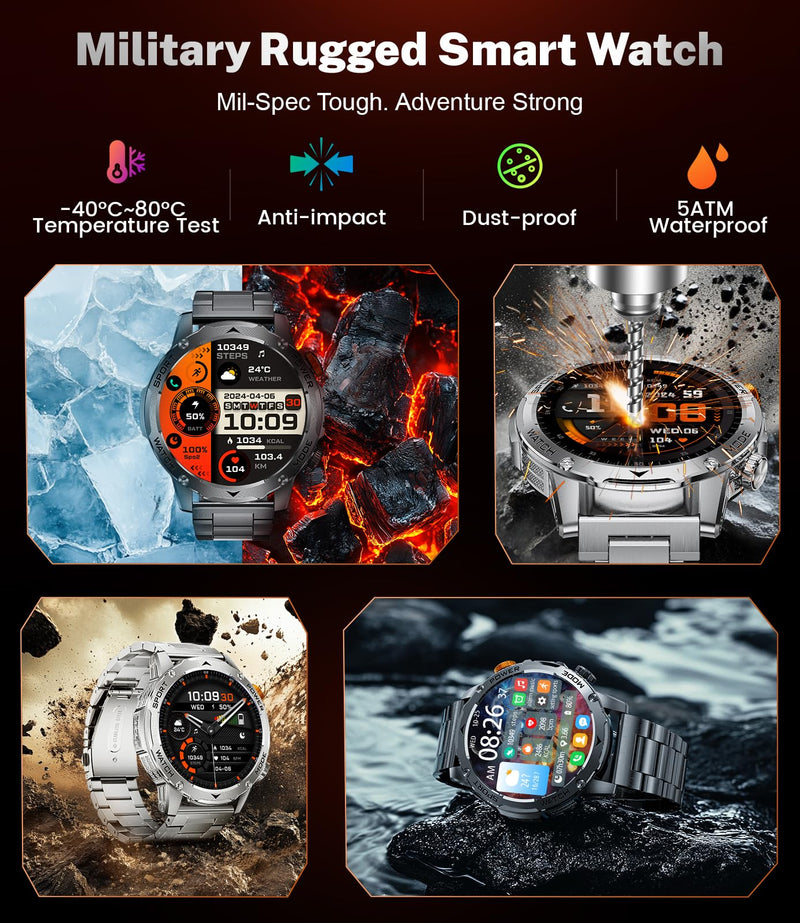 Military Smart Watches for Men(3 Bands),1000mAh/1.75" HD Large Screen Smartwatch, Flashlight/110+ Sports Modes/IP68 Waterproof/Sleep Monitor Fitness Tracker Watch for Android iOS,Gunmetal EF12-G