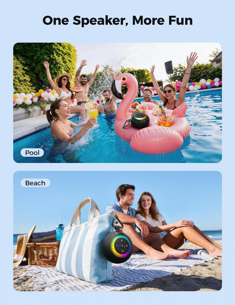 [AUSTRALIA] - Shower Speaker Bluetooth Waterproof Portable: 360° Surround Sound, IPX7 Suction Cup Removable with Vacuum Exhaust Knob, 2 IN1, RGB Lights, BT5.4, TWS, Pool/Beach/Kayak, Gifts for Adults Teens-Black black 
