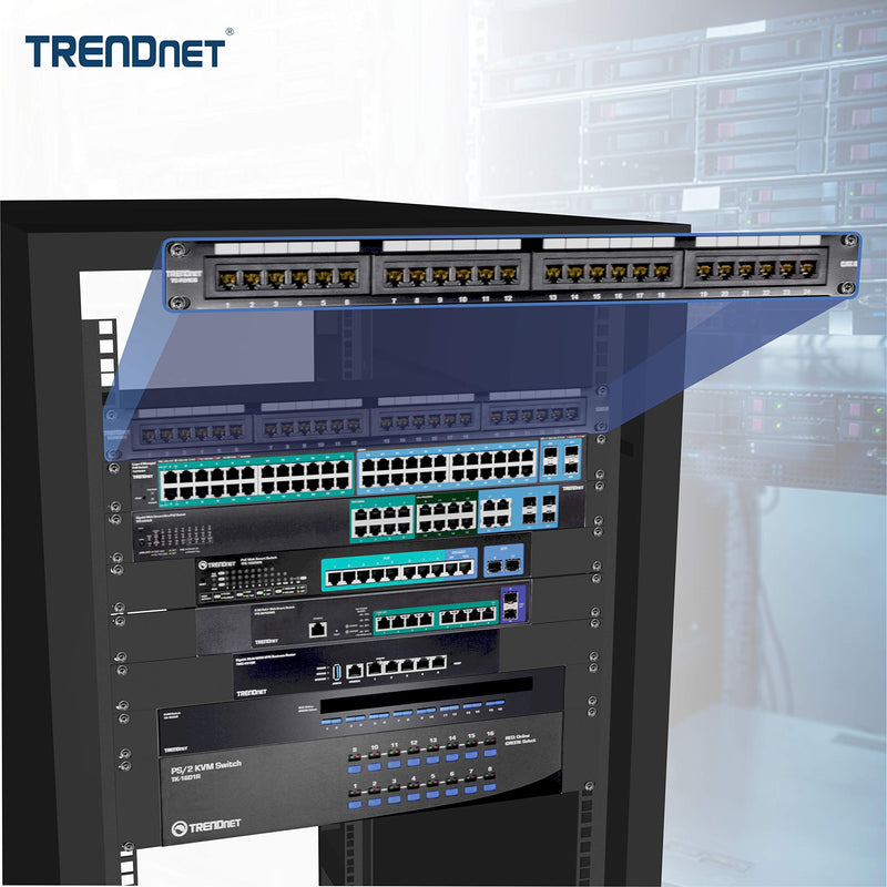 TRENDnet 24-Port Cat6 Unshielded Patch Panel, Wallmount or Rackmount, Compatible with Cat3,4,5,5e,6 Cabling, For Ethernet, Fast Ethernet, Gigabit Applications, Black, TC-P24C6 24 Port Patch Panel