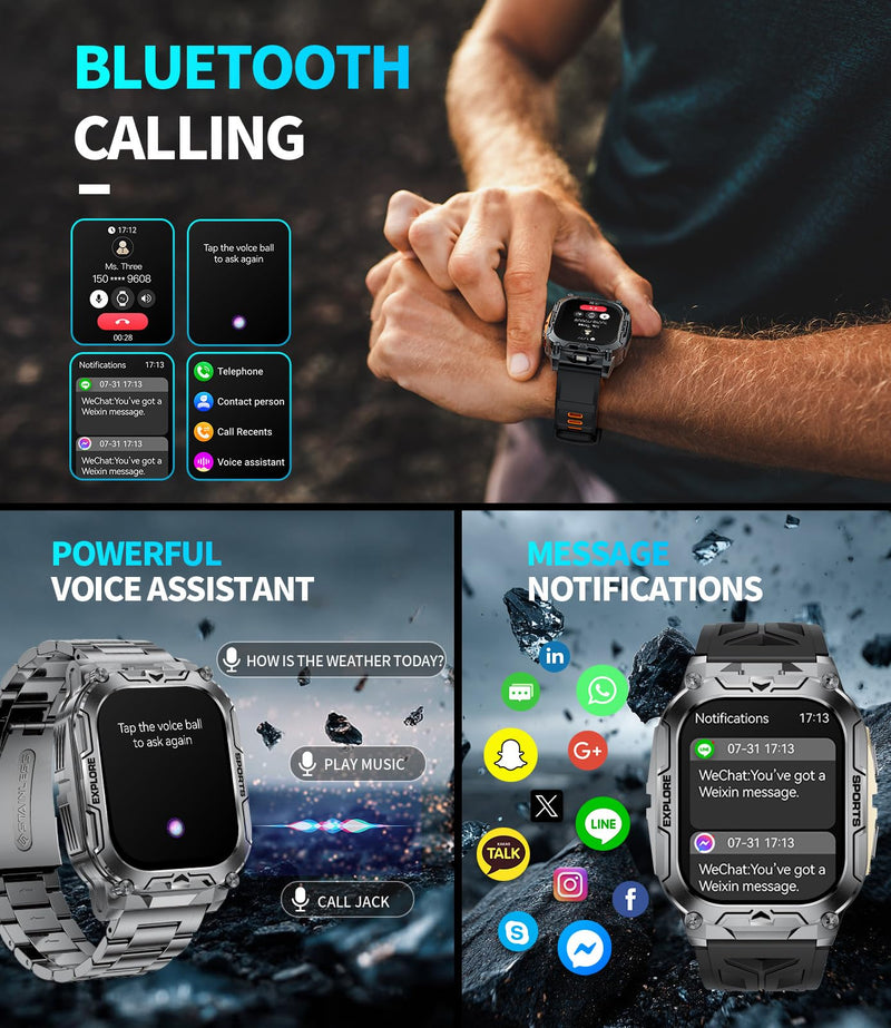Military Smart Watches for Men(Answer/Dial Calls),2.01" Ultra Large HD Smartwatch with 60 Days Extra-Long Battery/Heart Rate/Sleep Monitor/Flashlight/2 Straps,Rugged Fitness Watch for iOS/Android Gold