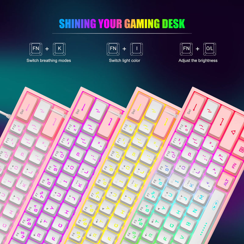 MageGee TS91 Mini 60% Gaming/Office Keyboard,Waterproof Keycap Type Wired RGB Backlit Compact Computer Keyboard for Windows/Mac/Laptop (White Pink) White Pink