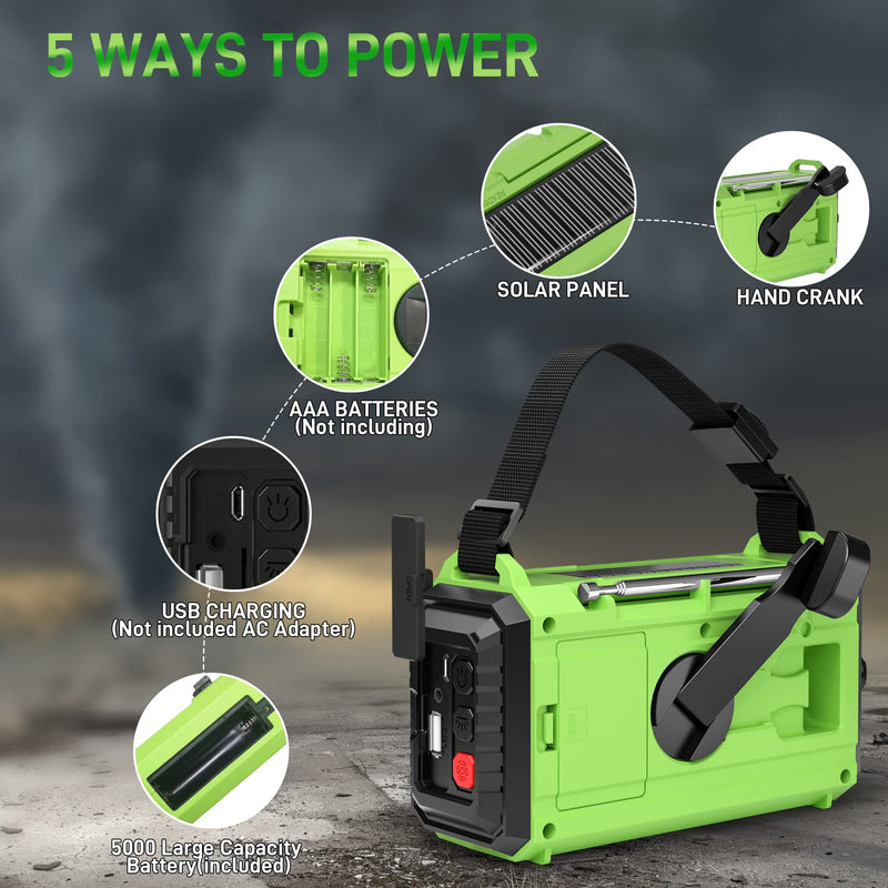 [AUSTRALIA] - Emergency Weather Radio – 18500mWh Portable AM/FM/SW/NOAA Radio with Solar Hand Crank, Rechargeable Battery, USB Charger, LED Flashlight, Reading Light, and SOS Alarm, for Home Outdoor (Green) Green 