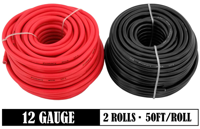 GS Power 12 Gauge Stranded Flexible Copper Clad Aluminum CCA Primary Automotive Wire for Car Stereo Amplifier 12Volt Trailer Harness Hookup Wiring. 50 ft Red & 50 feet Black Red/Black