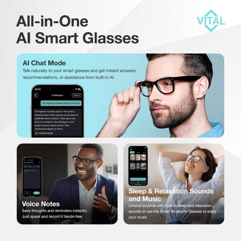 Vital Smart Glasses for Men Women AI Translation Open-Ear Bluetooth 5.3 | 164-Language Translator in Phone App, UV400 Blue-Light Blocker, Voice-Assistant Eyewear, Open-Ear Audio AI Glasses