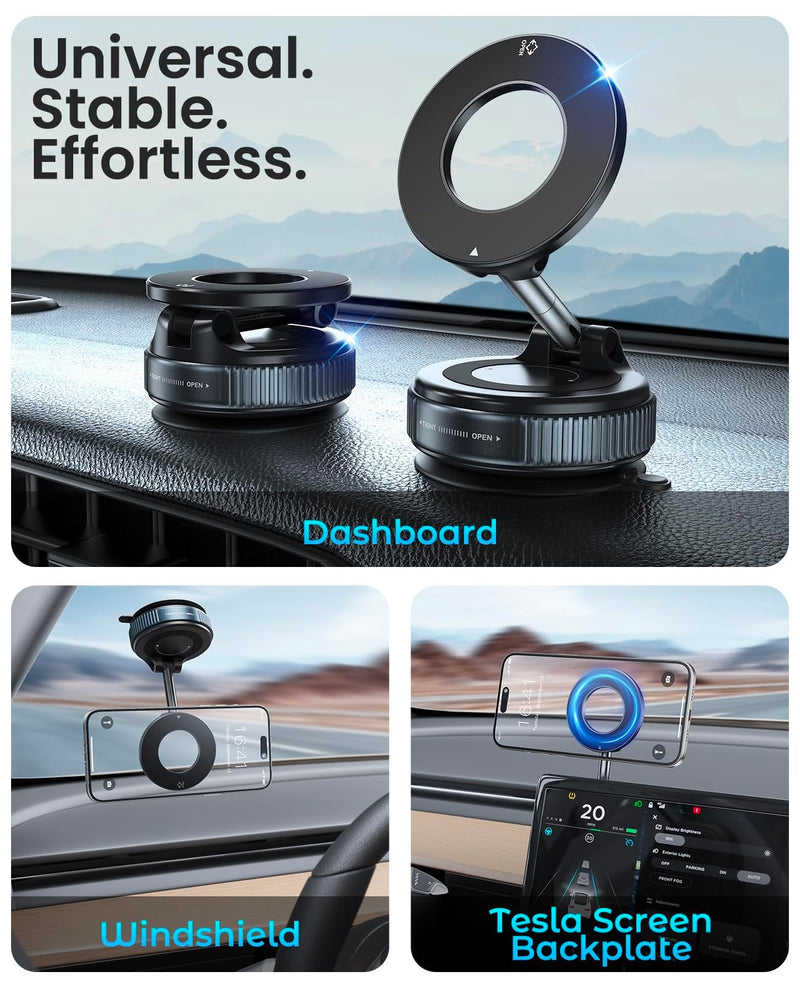 Jononser Magnetic Car Phone Holder for MagSafe, Nano-Gel Suction Cup Car Phone Mount for Car Dashboard & Windshield, Pocket-Size Foldable 360° Adjustable Car Mount for iPhone 17 16 15 14 13 12 Series Black Nano-Gel Grip