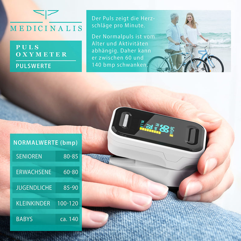 Medicinalis - Finger Pulse Oximeter - SpO2 Heart Rate Monitor - Finger Pulse Oximeter - Measurement of Pulse and Oxygen Saturation on the Finger - OLED Display - Battery Indicator - Alarm - One Touch Single