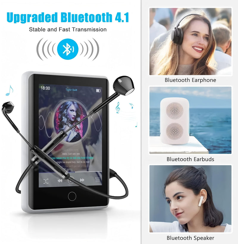 [AUSTRALIA] - MP3 Player 32GB with Bluetooth 5.0, Upgraded 2.8" Full Touchscreen Mp4 Mp3 Player with Speaker, Portable HiFi Lossless Sound Music Player for Walking Running, Supports up to 128GB TF Card (White) white 