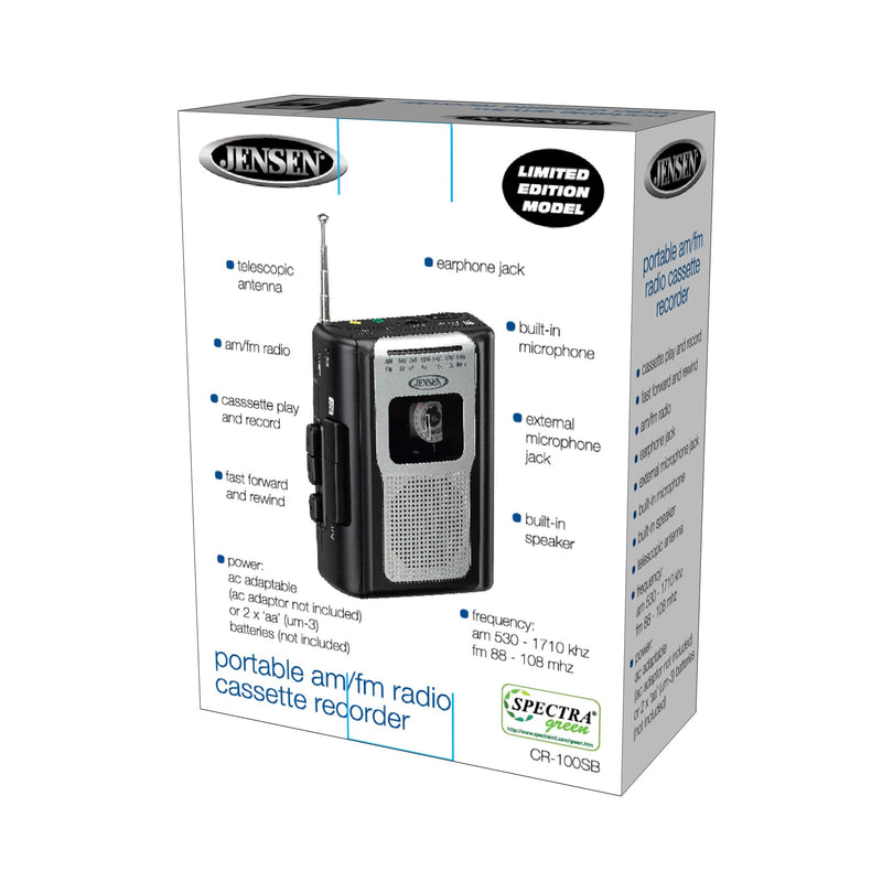 Jensen CR-100 Retro Portable AM/FM Radio Personal Cassette Player Compact Lightweight Design Stereo AM/FM Radio Cassette Player/Recorder & Built in Speaker (Black Series) Black
