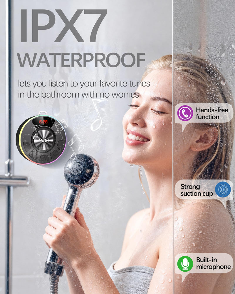 [AUSTRALIA] - MuGo Shower Bluetooth Speaker Waterproof IPX7, 360° HD Stereo Sound Bathroom Speaker Bluetooth 5.3 with RGB Lights, Suction Cup and Microphone, Mini Shower Radio for Home/Party/Outdoor Blue 