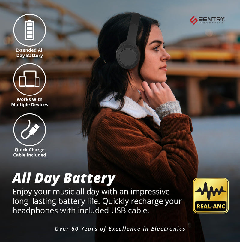 SENTRY OSH Over Ear Bluetooth Wireless Headphones, Active Noise Canceling -20dB Reduction, 22 Hour Battery Life, Control Buttons, Built in Microphone, USB C Charging and Carrying Case Included Black