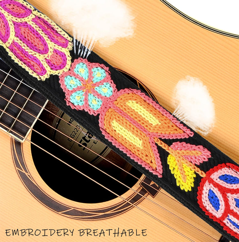 Crochet Flowers 2 inch width Guitar Strap Tulip Black
