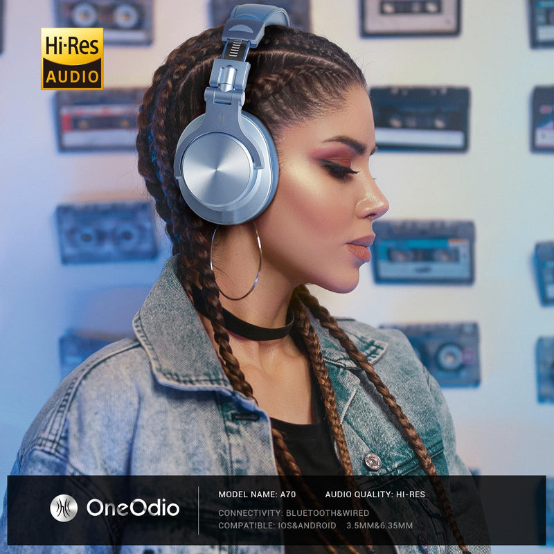 OneOdio A70 Bluetooth Over-Ear Headphones, Hi-Res Wired DJ Studio - SB | Wireless over-ear headphones with 72H playtime, 3.5mm/6.35mm wired jacks for studio monitoring, mixing, guitar, amp and PC Sky Blue
