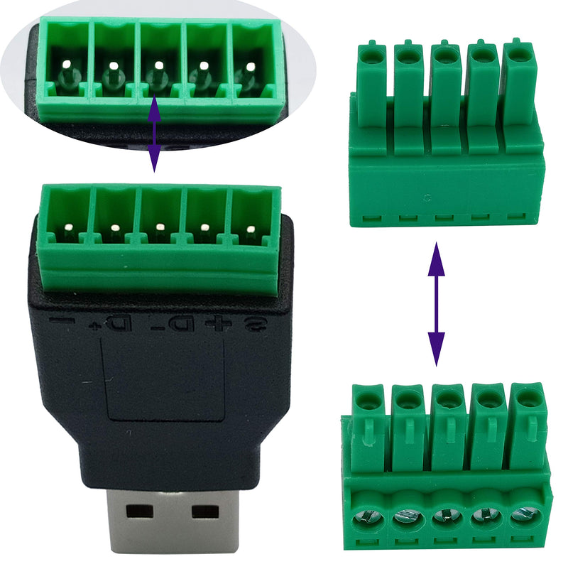 AAOTOKK USB 2.0 A Screw Terminal Block Adapter USB 2.0 A Male to 5 Pin/Way Female Bolt Screw Shield terminals Pluggable Type Adapter Connector for Charging and Data Transfer (2Pack/Male)