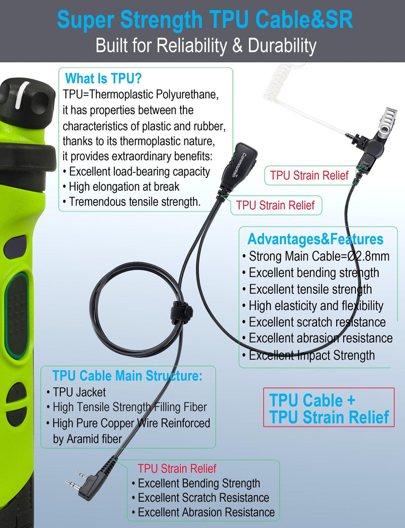 commountain Earpiece with PTT/Mic Compatible for Kenwood Baofeng SAMCOM BTECH Retevis Walkie Talkies Radios and BF-F8HP UV-82 UV-82HP UV-82C UV-5R UV-5X3 TK NX, Acoustic Tube Headset, 2 Pin Style