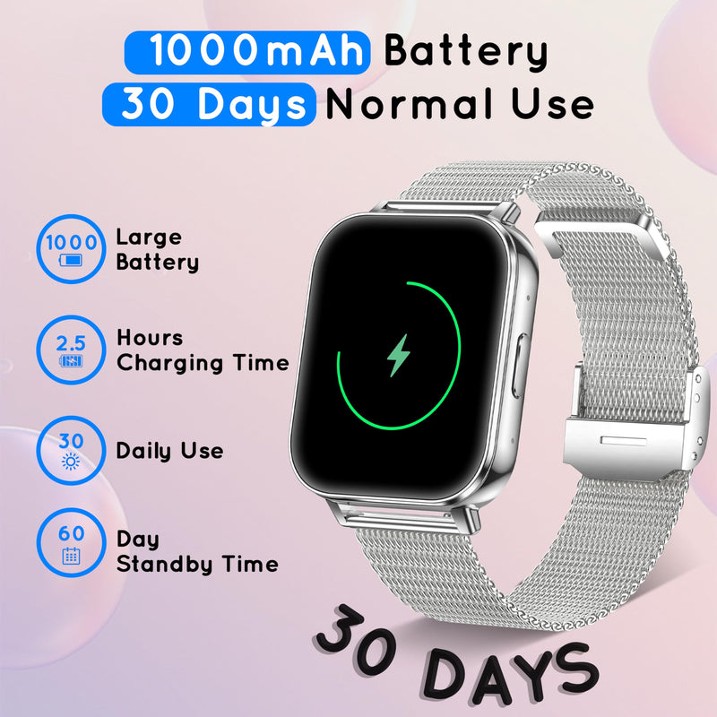 Smart Watch for Women Men 30 Day+ Battery Life 1.85" Fitness Tracker-Silver | Compatible iPhone & Android with Bluetooth Calling/Heart Rate/SpO2 Monitor, 120+ Sports Modes, 1000mAh 3 Bands Silver 44 MM