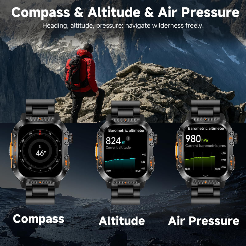 GPS Smart Watch for Men (Answer/Make Calls), 2.01'' Military Rugged | Compass Smartwatch with 10-Day Battery, Heart Rate, Sleep Tracking, 100+ Sports Modes, 2 Straps
